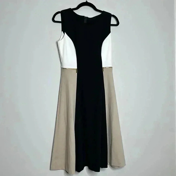 Color Block Dress Tan Black and White 
17 Pit to Pit
14’ Waist 
About 38 length - Picture 3 of 9